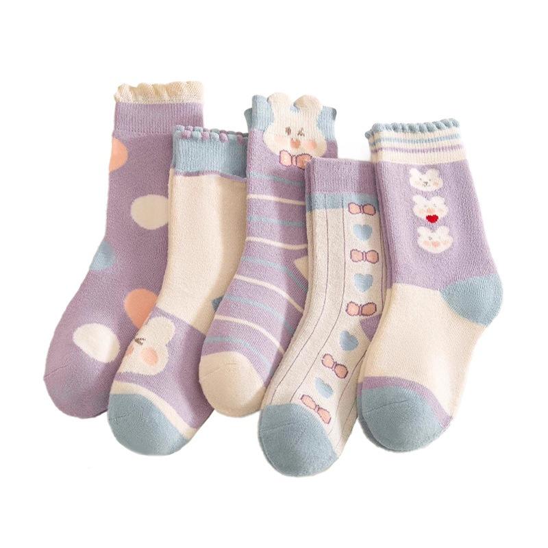 5 Pairs Girls Thick Warm Socks Cute Cartoon Bunny Mid Tube Socks Purple Children Autumn Winter Cotton Socks 4-6T лавандовый