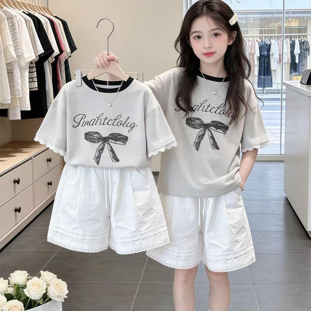 Girls' Bow Print Lace Patchwork Shorts Set - New Summer 2026 Korean Style Two-Piece