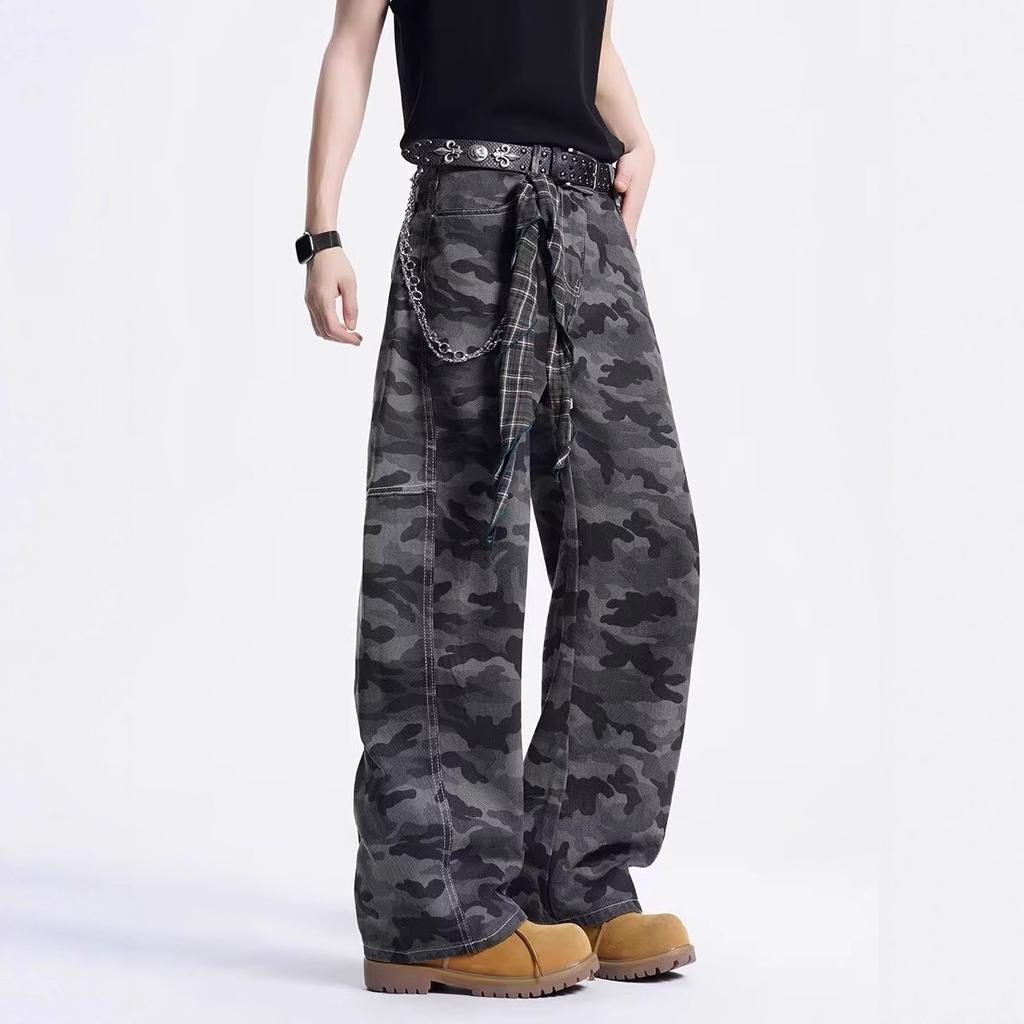 American Retro Camouflage Wide-leg Jeans Men's Trendy Brand Scimitar Logging Pants Loose Tooling Straight Casual Long Pants