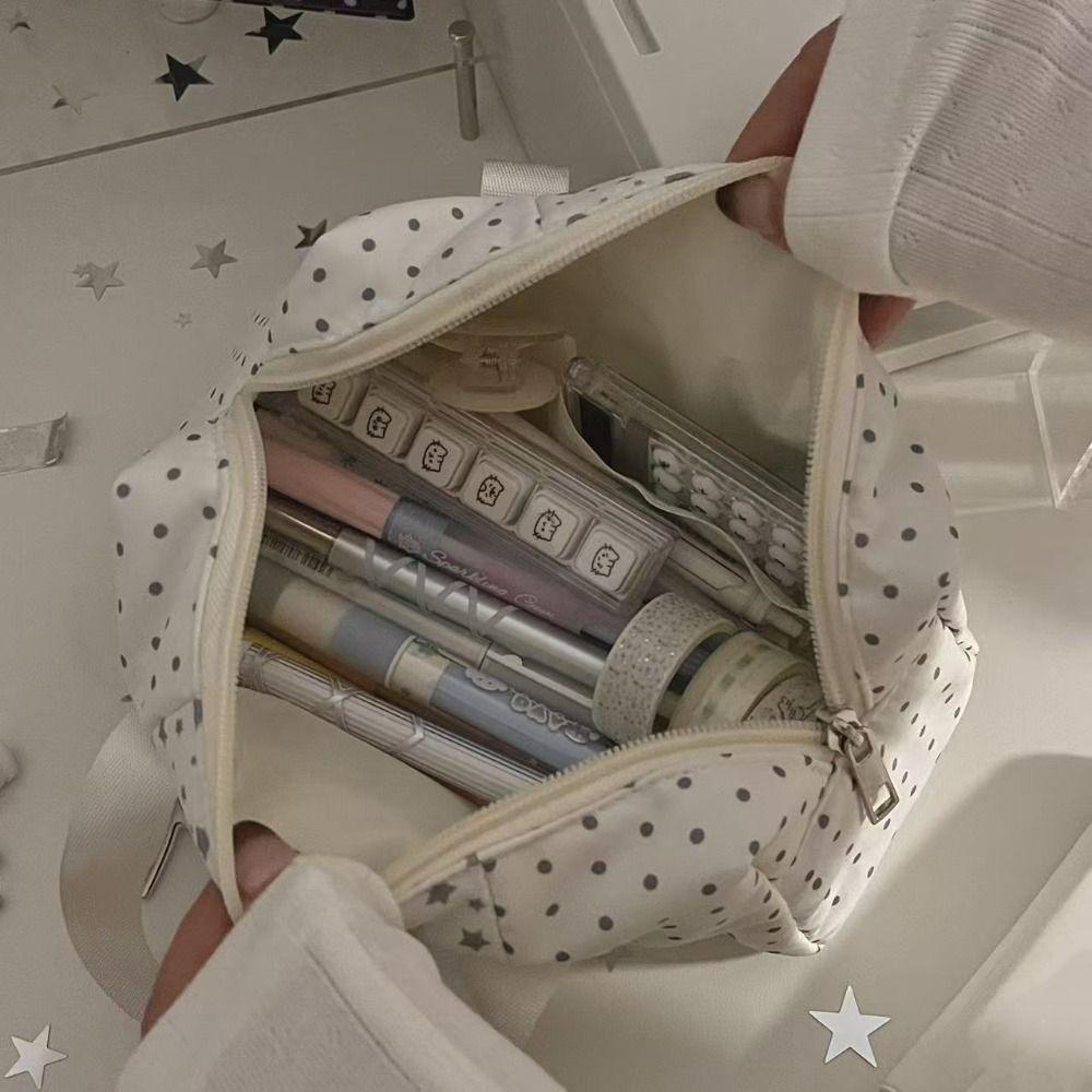 Cartoon White Pencil Case Multi-functional Star Polka Dot Stationery Bag Large-capacity Pen Bag School Supplies