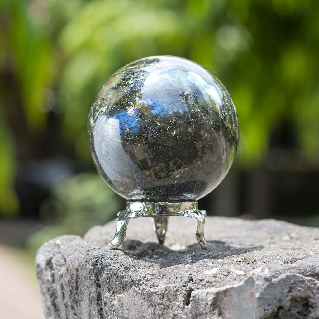 Crocon Labradorite Crystal Sphere with Metal Stand Gemstone Sphere Healing Ball Sculpture Feng Shui Divination Figurine Home Decor Size: 45-55 Mm