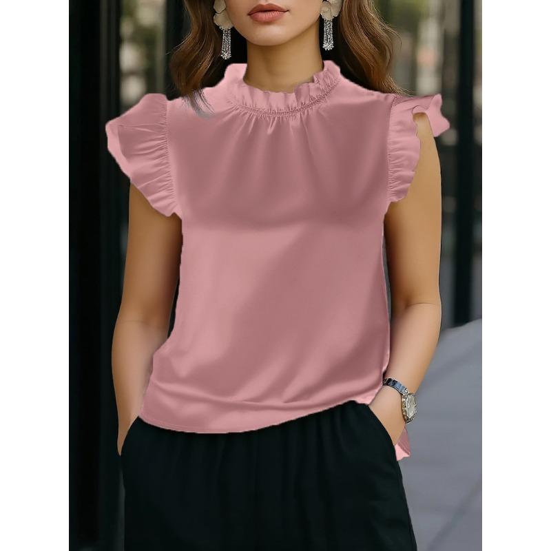 Women's Elegant Ruffle Trim Blouse Sleeveless Mock Neck Solid Color Casual Commuter Top