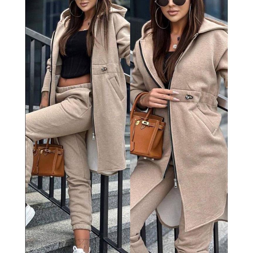 Autumn Winter Women's Hooded Jacket Trousers Suit Casual Everyday Joker Two-Piece Set