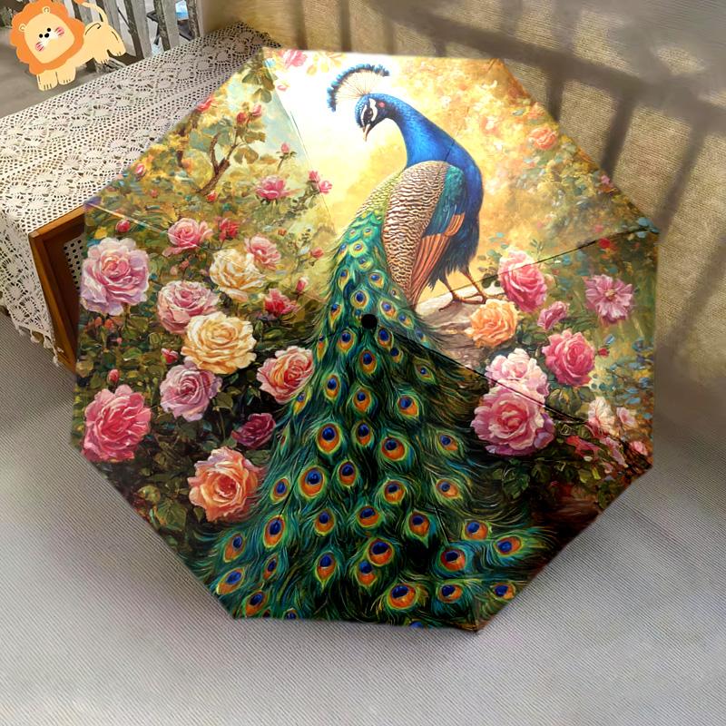 1 PC Automatic Folding Umbrella - Peacock Garden Pattern, Portable & Foldable Design with 8 Ribs, Christmas Birthday Gifts