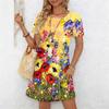 Women's Fashion Graceful Beautiful  Colorful Flowers  Grass Colorful Flowers and Small Grass Print Summer Spring Short Sleeve O-Neck Casual Dresses