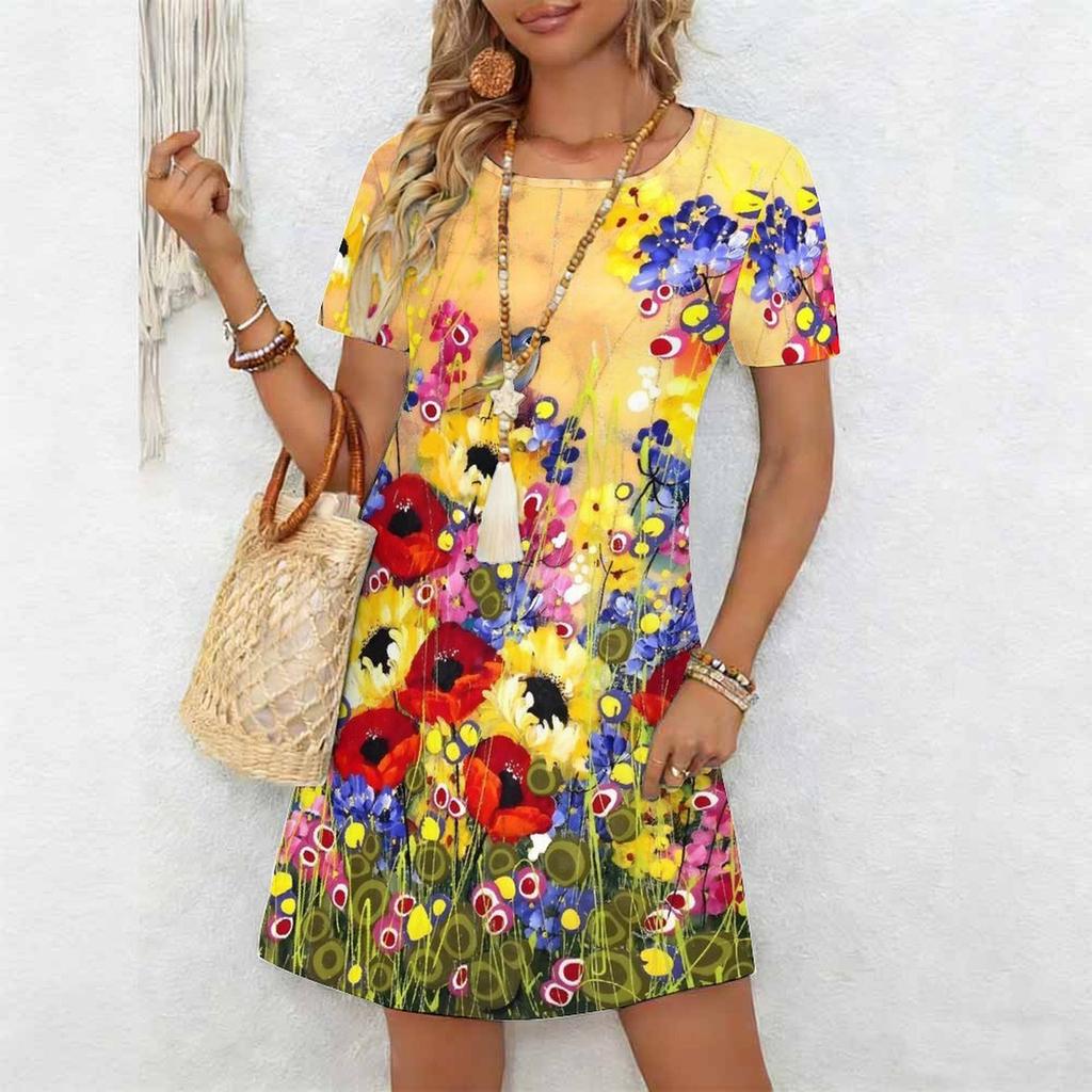 Women's Fashion Graceful Beautiful Colorful Flowers Grass Colorful Flowers and Small Grass Print Summer Spring Short Sleeve O-Neck Casual Dresses