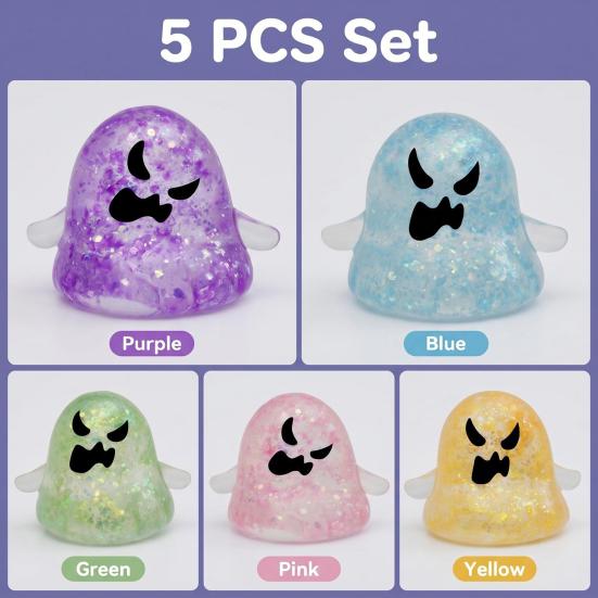 5Pcs Halloween Ghost Slow-Rising Squeeze Toy Set TPR Fidget for Stress Relief Portable Decompression Gadget for Kids Adults Fun Party Favor Gift Box