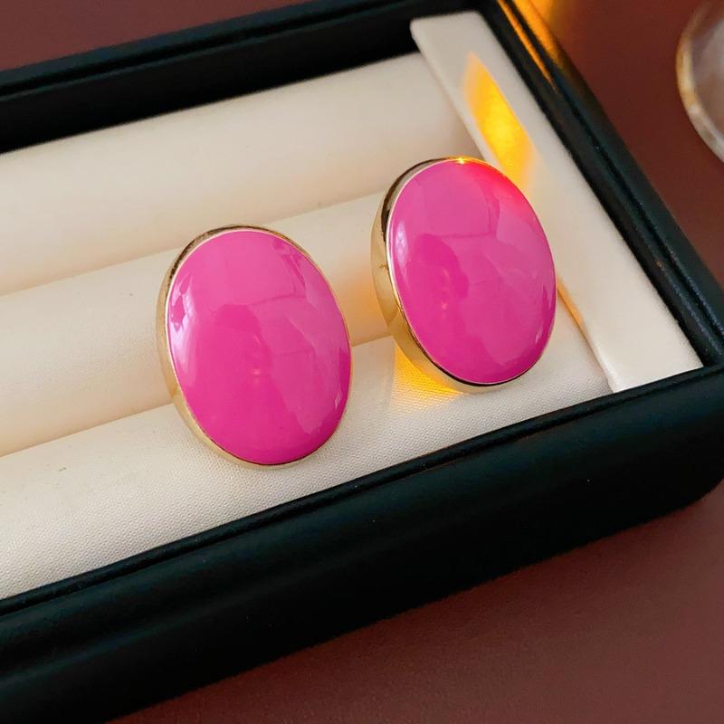 Pink Blue Oil-dropping Round Oval Stud Earrings Unique Design Bean Beads Ear Studs Earrings Temperament Girl Ear Accessories