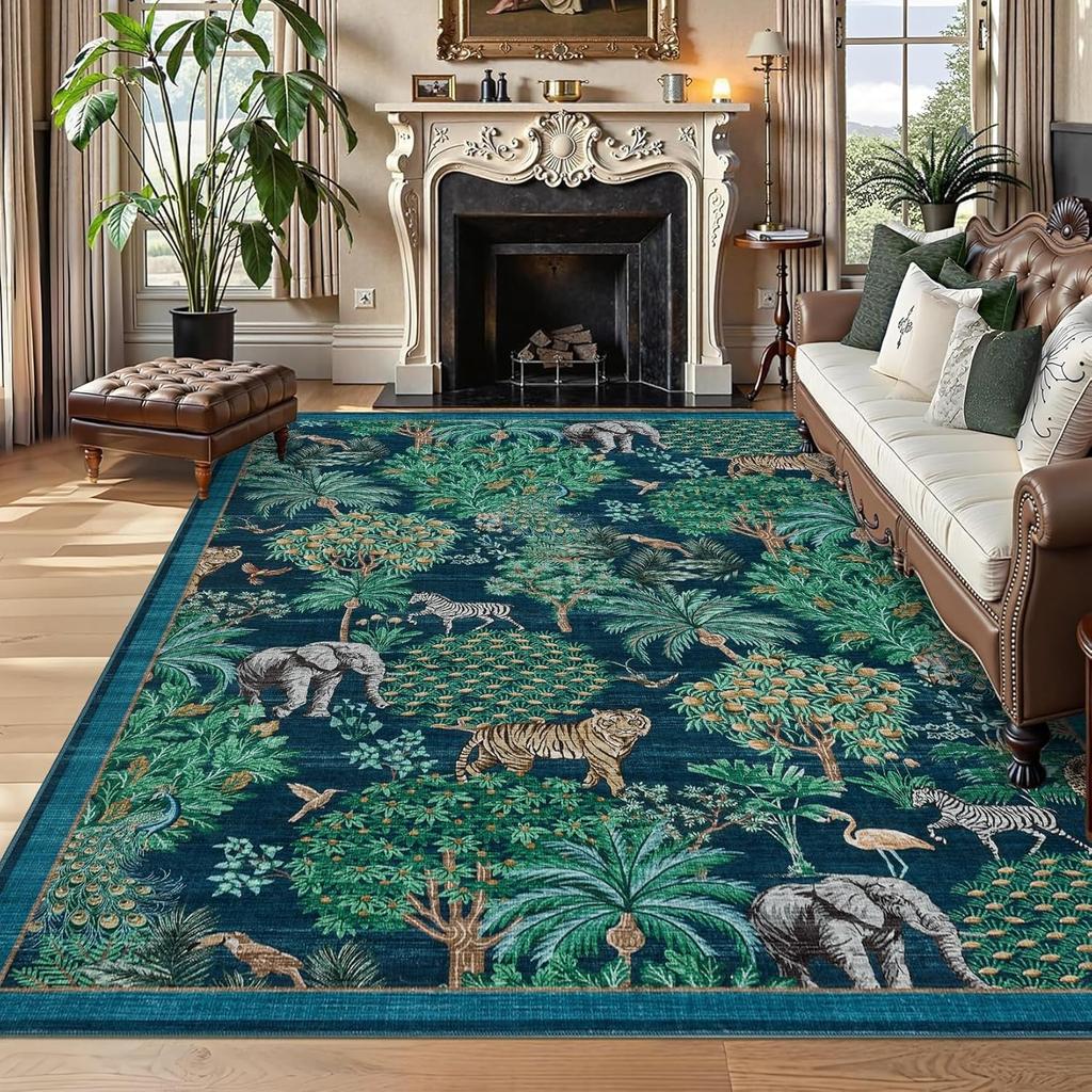 Green Living Room Carpets Nordic Style Jungle Animal Plant Print Bedroom Rug Vintage Machine Washable Non-Slip Coffee Table Mats