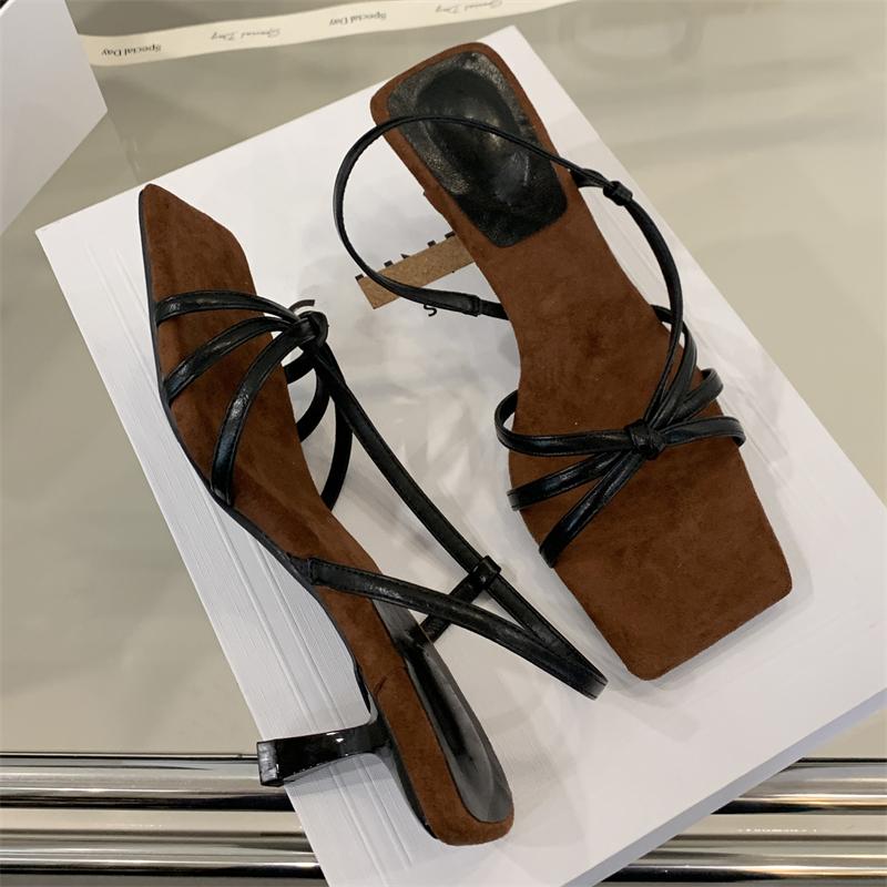 

Summer Fashion Narrow Band Women Sandals Elegant Square Toe Thin Low Heels Dress Slip-on Ladies Shoes 35 чёрный