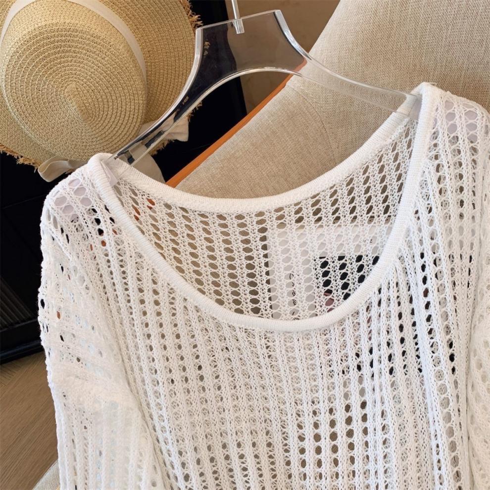 Women's Hollow Knit Summer Cardigan - Loose, Slimming, Sun Protection, Round Neck, Long Sleeve, Versatile Top.