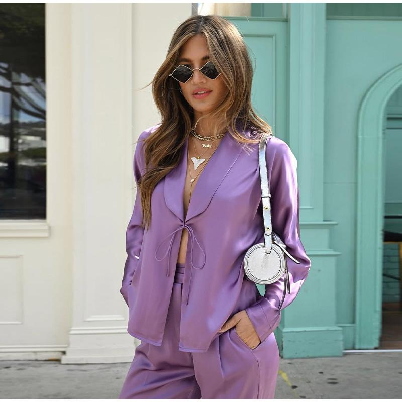 Casual Long Sleeved Commuting Suit Elegant Women V Neck Lace Up Top Pants Outfit 2025 Spring Summer High Street Satin Two Piece Set