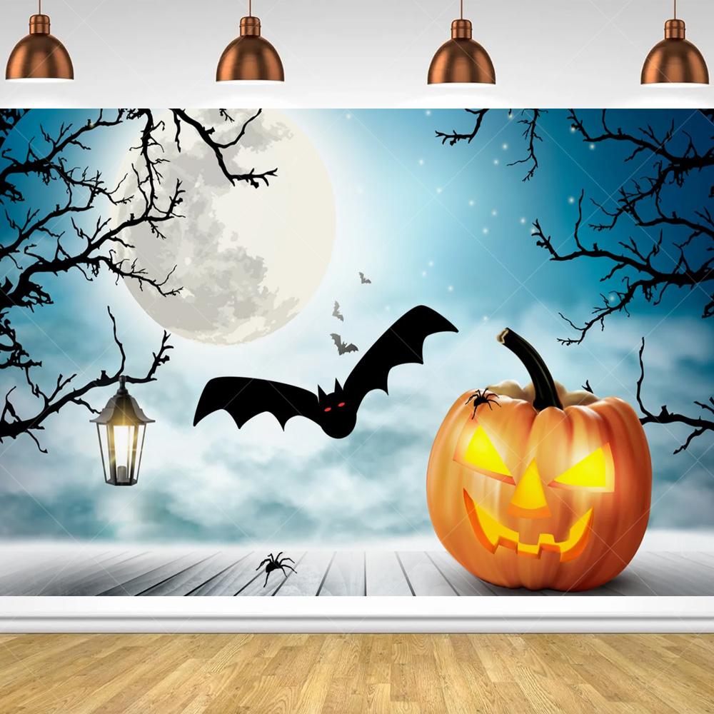 Halloween Horror Night Party Family Gathering Pumpkin Lantern Evil Witch Black Castle Cemetery Forest Background Cloth backdrop