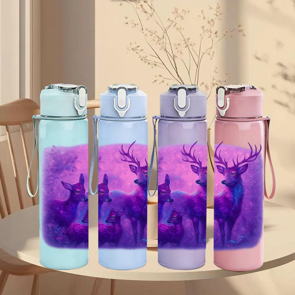 1PC Purple Silhouette Deer Forest Print 750ml Color Plastic Sports Water Bottle Leakproof Flip Straw Lid Suitable for Sports Office Home Use