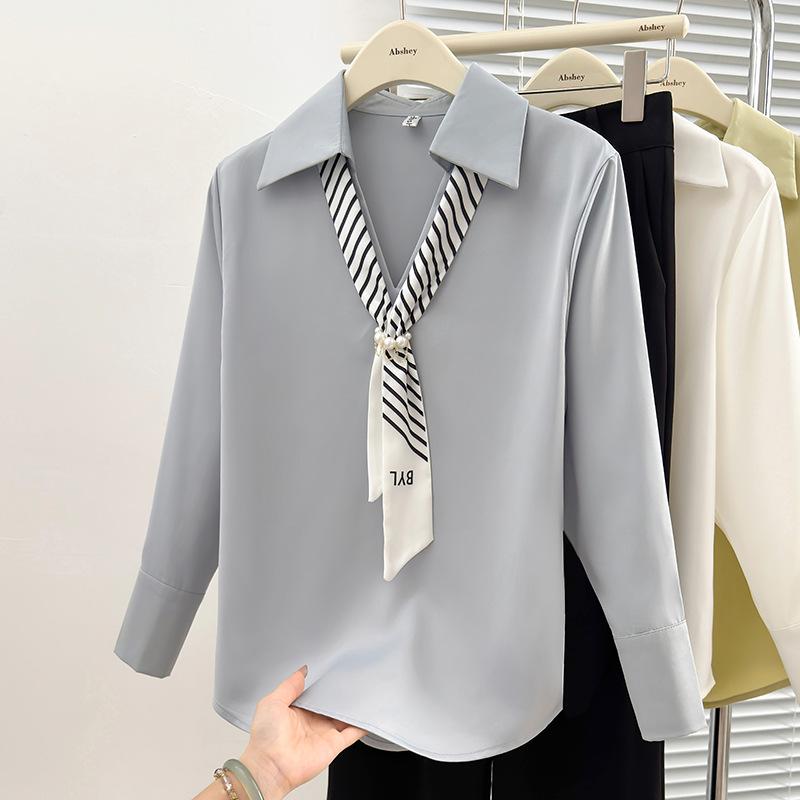 Women's Satin Long Sleeve Ribbon Shirt - French Chic 2025 Autumn Collection