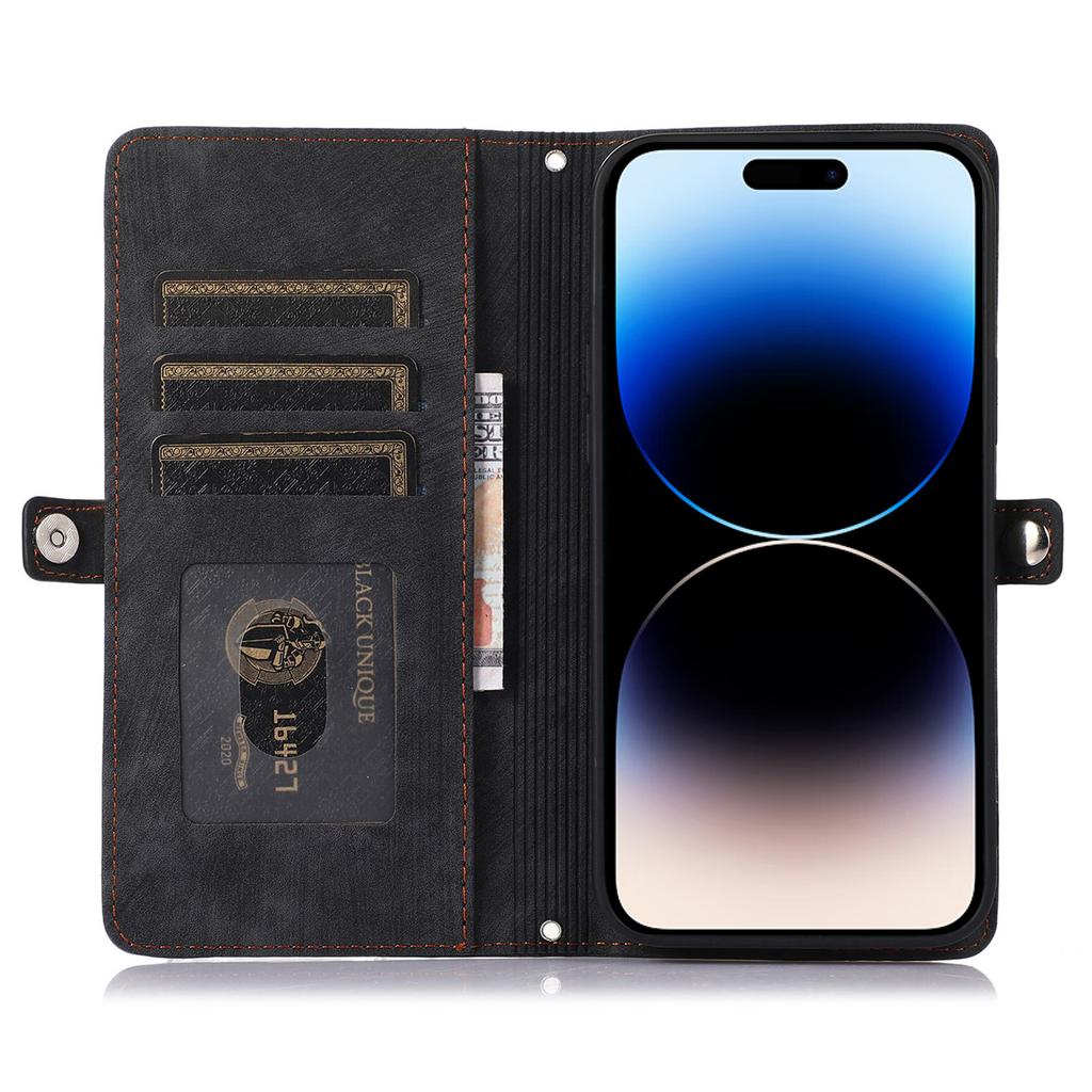 For iPhone 15 Pro Case Zipper Pocket 9 Card Slots PU Leather Phone Cover with Wrist Strap