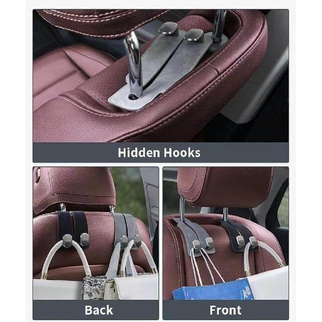 KINIVA Car Seat Headrest Storage Hooks, Set Of 2, Suede PU Leather, Double Hooks (Black)