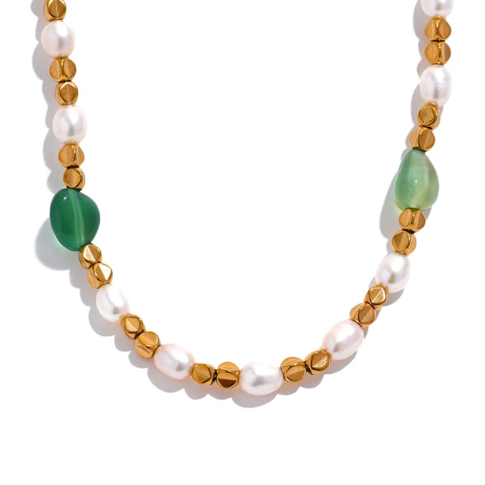 

Yhpup Natural Freshwater Pearl Stone Vintage Stainless Steel Beads Handmade Chain Gold Color Collar Jewelry Bijoux Female Gift