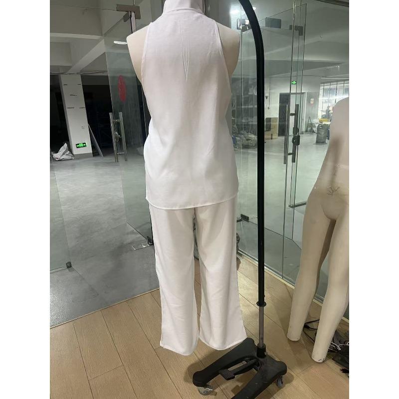 Completo Due Pezzi Estivo da Donna Senza Maniche con Spalle Cadenti Ampio, Pantaloni a Gamba Larga Casual, Outfit alla Moda