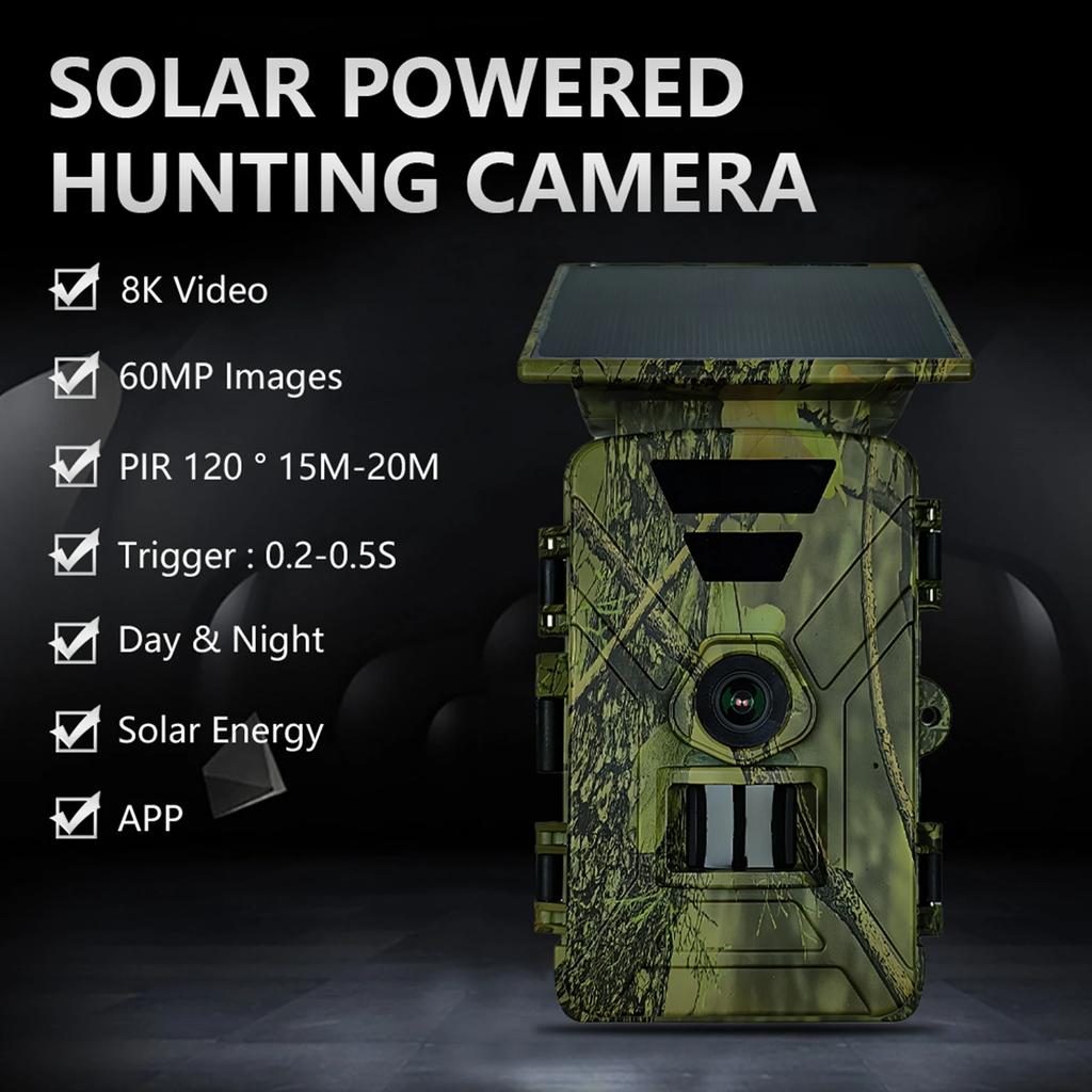 WiFi Wildkamera Solar-Wildkamera 8K 60MP WiFi Wildtier-Jagdkamera IP66 Wasserdicht Außen Nachtsicht Wildkamera