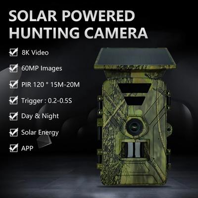 Caméra de chasse WiFi Caméra de piste solaire 8K 60MP Caméra de chasse à la faune WiFi IP66 Étanche Extérieur Vision nocturne Caméra de jeu