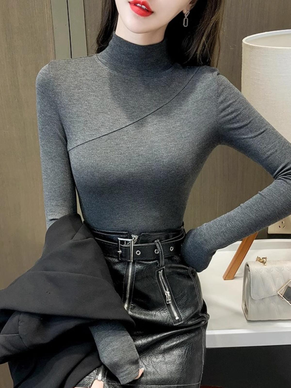 

2025 Plus-Size Thickened Half-High Collar Top for Women, Stylish Autumn/Winter Slim-Fit Base Layer, Trendy Inner Wear Small (S) серый