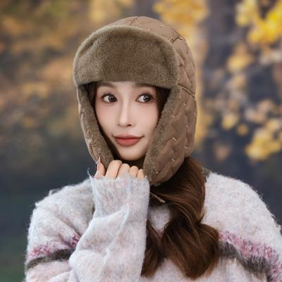 Winter Hat Women's Cold Protection Ear Hat Versatile Plaid Fashion Big Head Circumference Thermal Hat