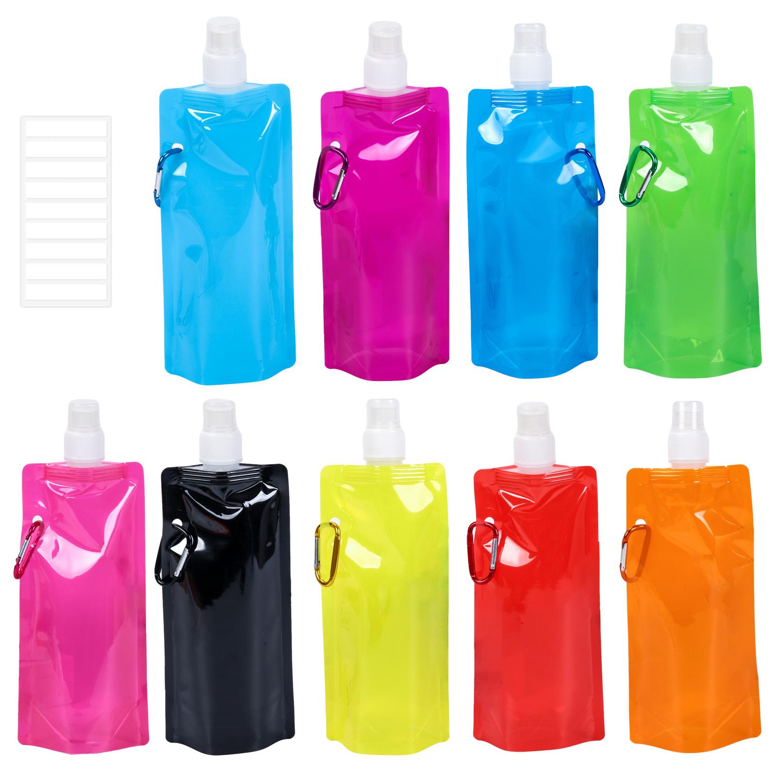 

Foldable Water Bottle & Blank Labels Set Of 9 Portable Foldable Drinking Pouches With Carabiner Clip Roll Up Lightweight Soft