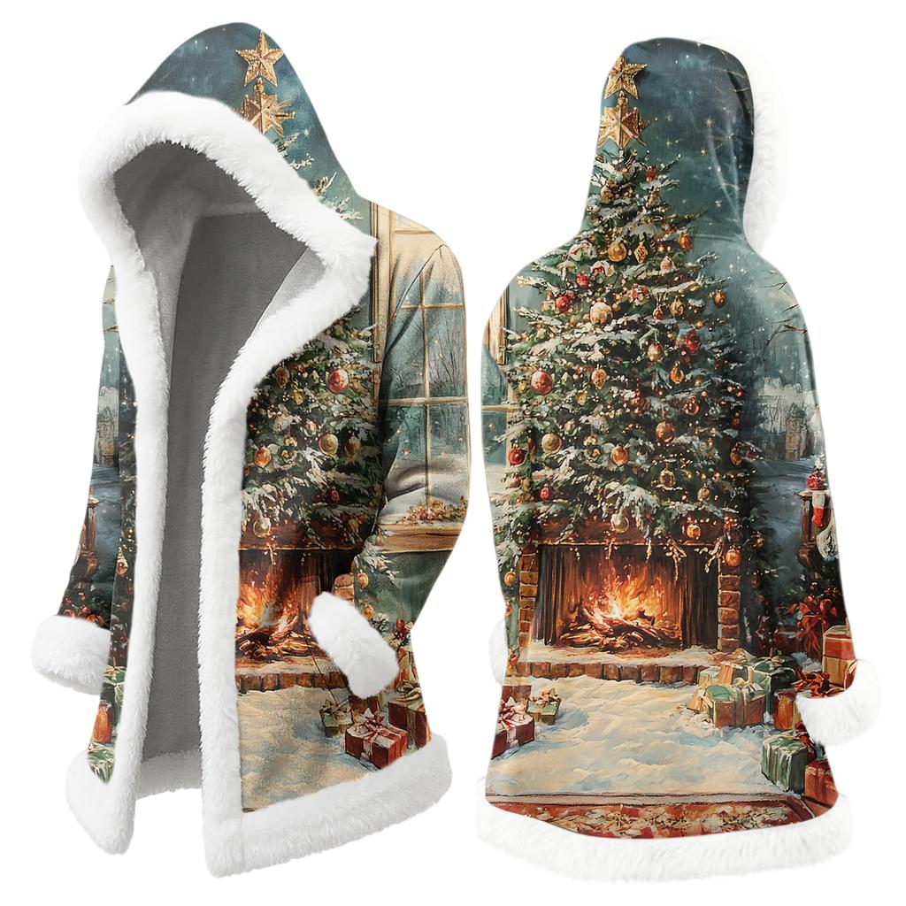 Men's Christmas Long Hooded Cardigan With Pockets Warm Jacket