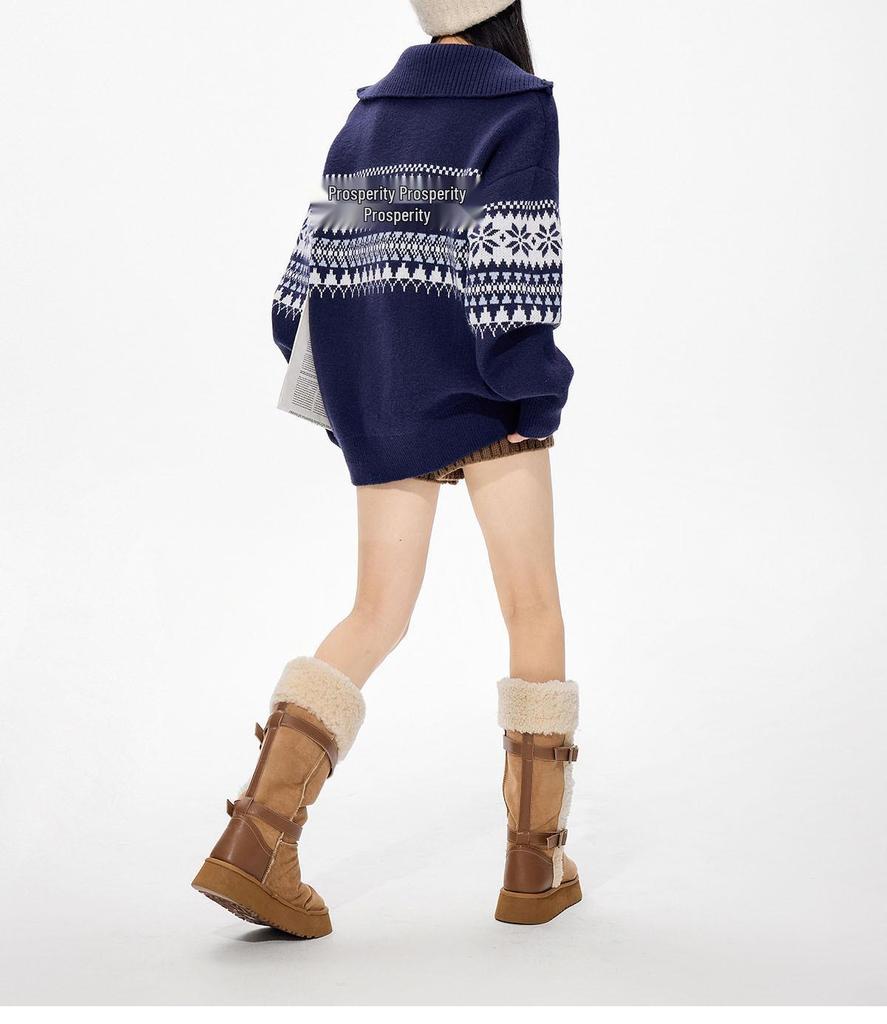 Unisex Röd Retro Fair Isle Halvdragkedja Hög Halsstickad Tröja