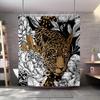 1pc Realistic Leopard Shower Curtain with Detailed Botanical Background Featuring Flowers and Berries, Intricate Line Art Style,