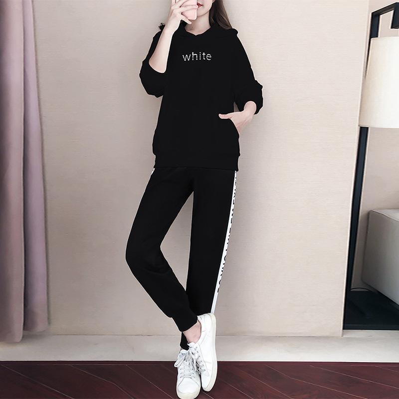 Costum Sport Casual de Toamnă pentru Femei, Set la Modă cu Hanorac Simplu, Larg, Subțietor, pentru Studente, Două Piese
