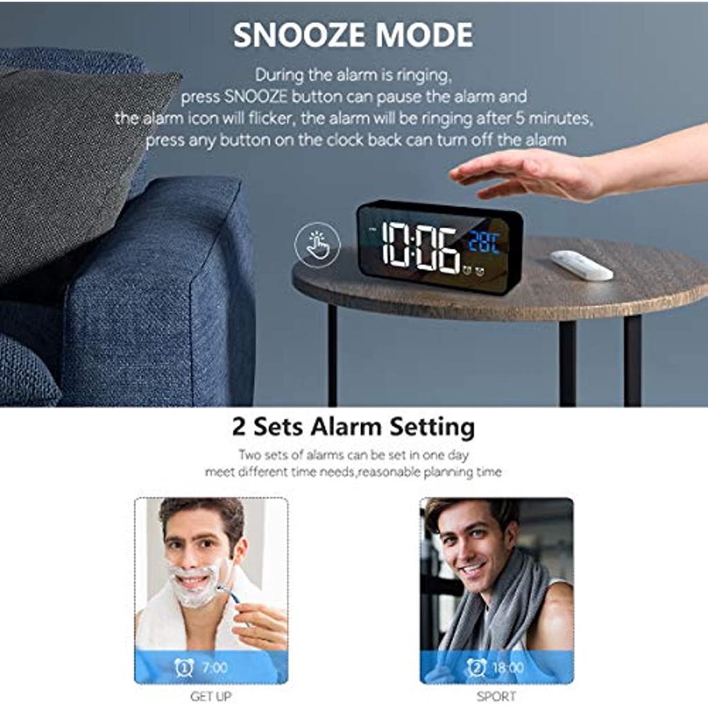 Digital Alarm Clock, Alarms With Size LED Display, Portable Mirror Alarm Clock With Double Alarm, Smart Alarm Clock, Snooze 4 Levels Of Bright