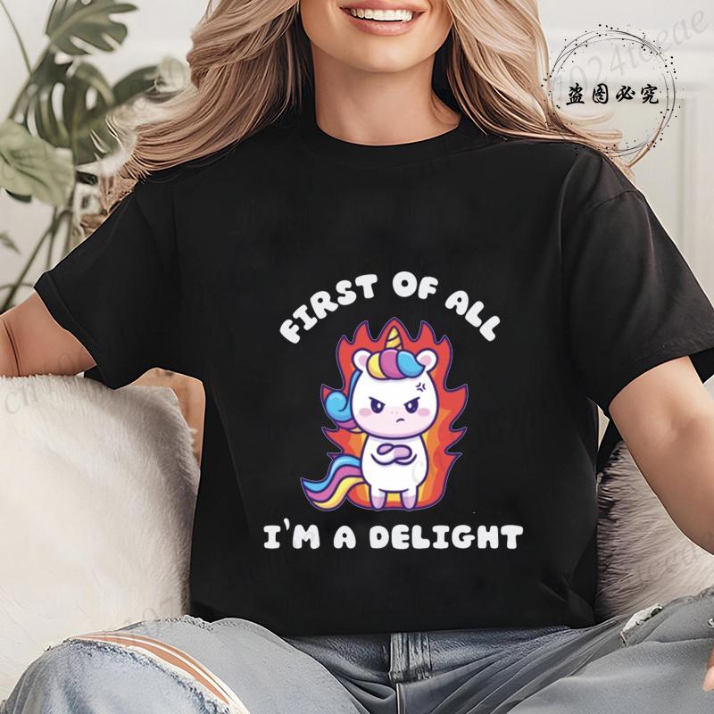 Funny Unicorn Women Summer T-Shirt First of All I'm A Delight Graphic T Shirt for Women Fashion Casual Sarcastic Tee Shirts Tops