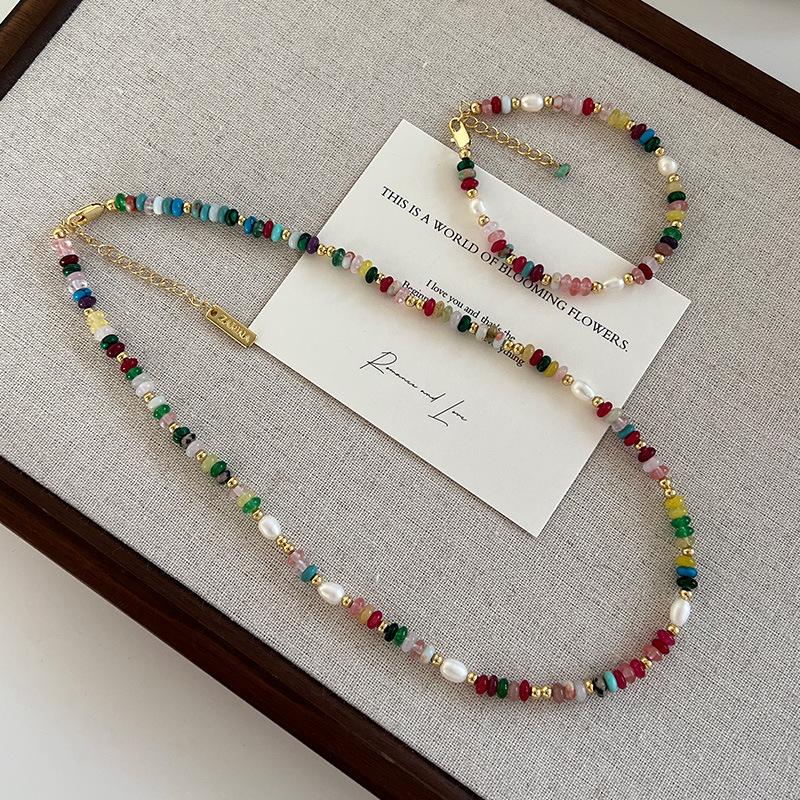 Retro Dopamine Colorful Freshwater Pearl & Natural Stone Crystal Necklace