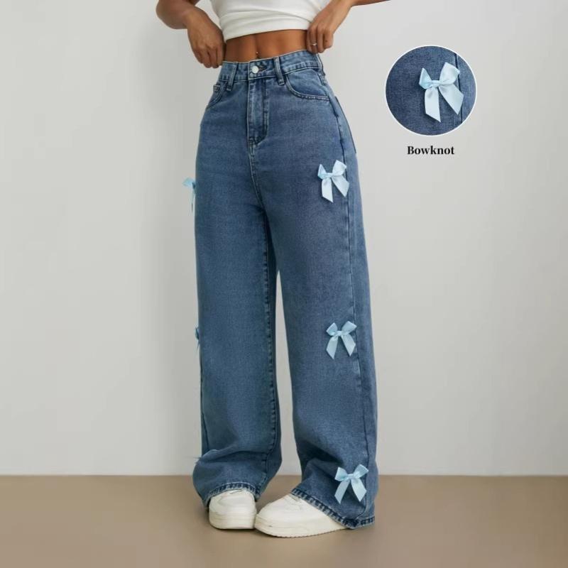 Women s Straight Leg Jeans Slimming Casual Pants Stylish Bow-tie Jeans Loose Straight Leg Wide-leg Trousers XS