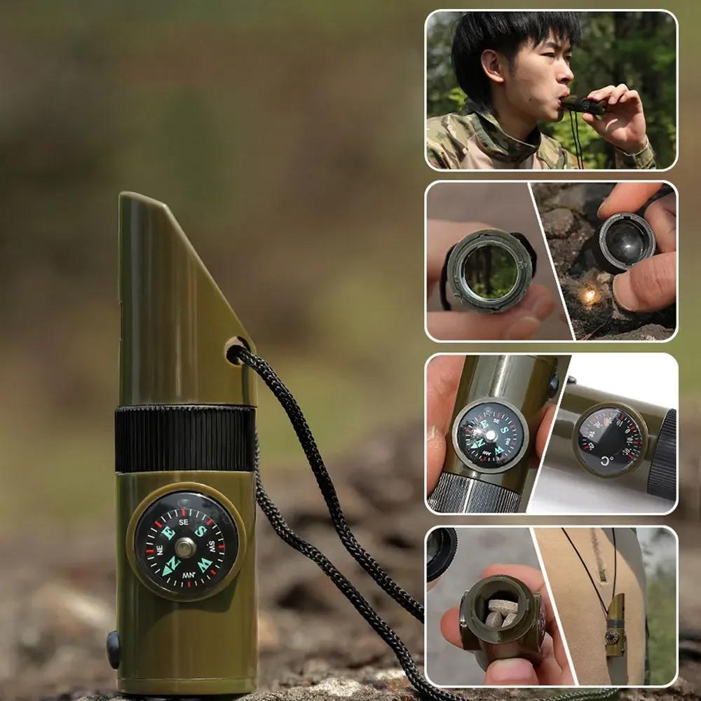 7 In 1 Jungle Survival Whistle Hiking Whistle Compass Mirror Flashlight Magnifier LED Light Thermometer Storage Compass Tool