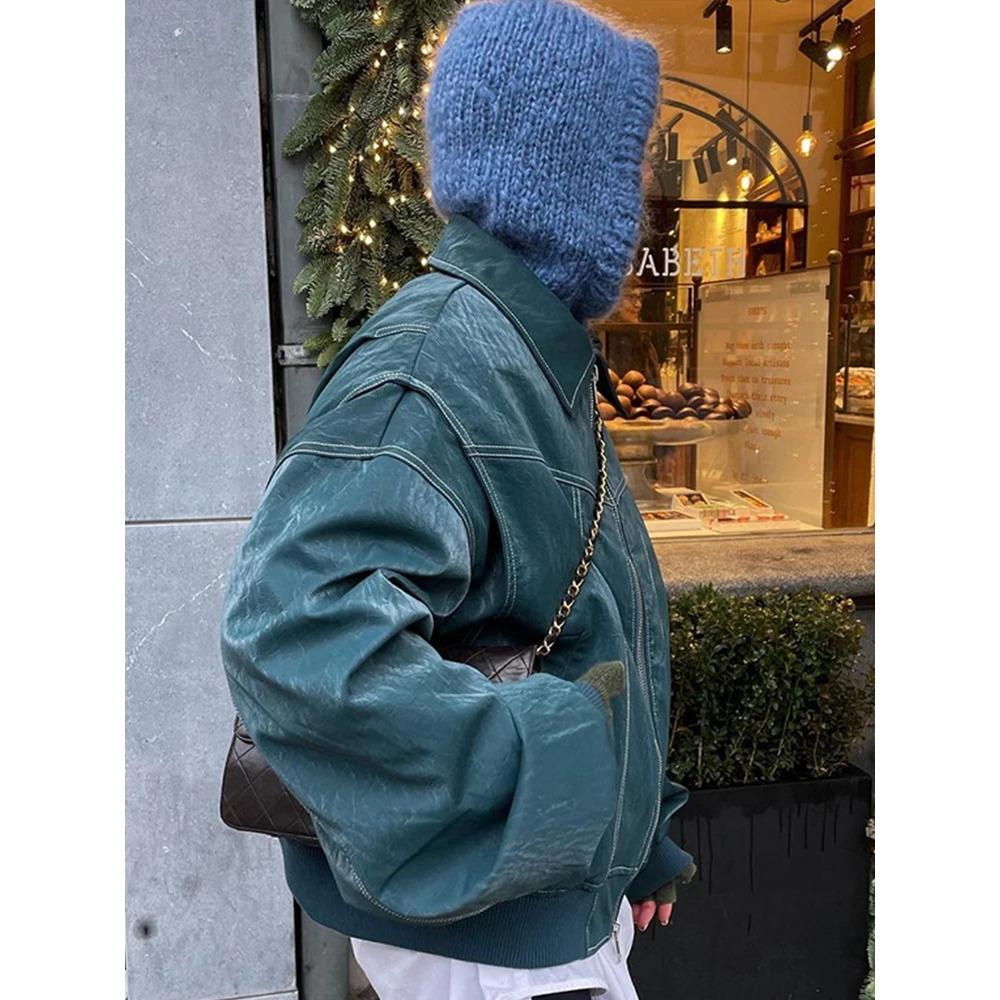 Women Zipper Leather Bomber Jackets Coats Oversized Contrast Stitch Lapel Long Sleeve Jacket Motorcycle Autumn Outwear Tops