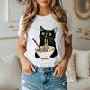 Black Cat Eating Noodles Tee, Cat Lover T-Shirt, Funny Feline Illustration