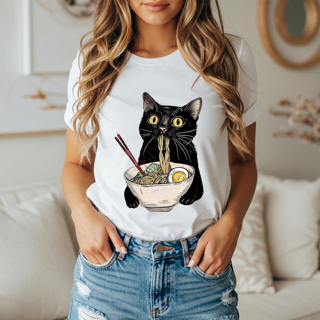 Black Cat Eating Noodles Tee, Cat Lover T-Shirt, Funny Feline Illustration