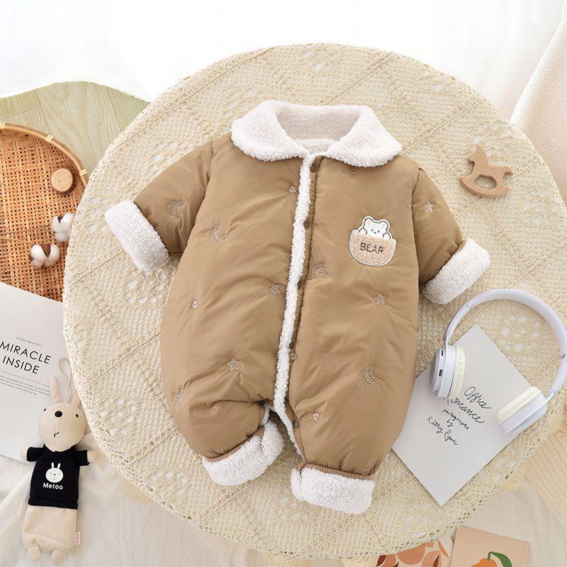 Cartoon Bear Fleece Baby Bodysuit - Warm Winter Outdoor Wear for Newborns