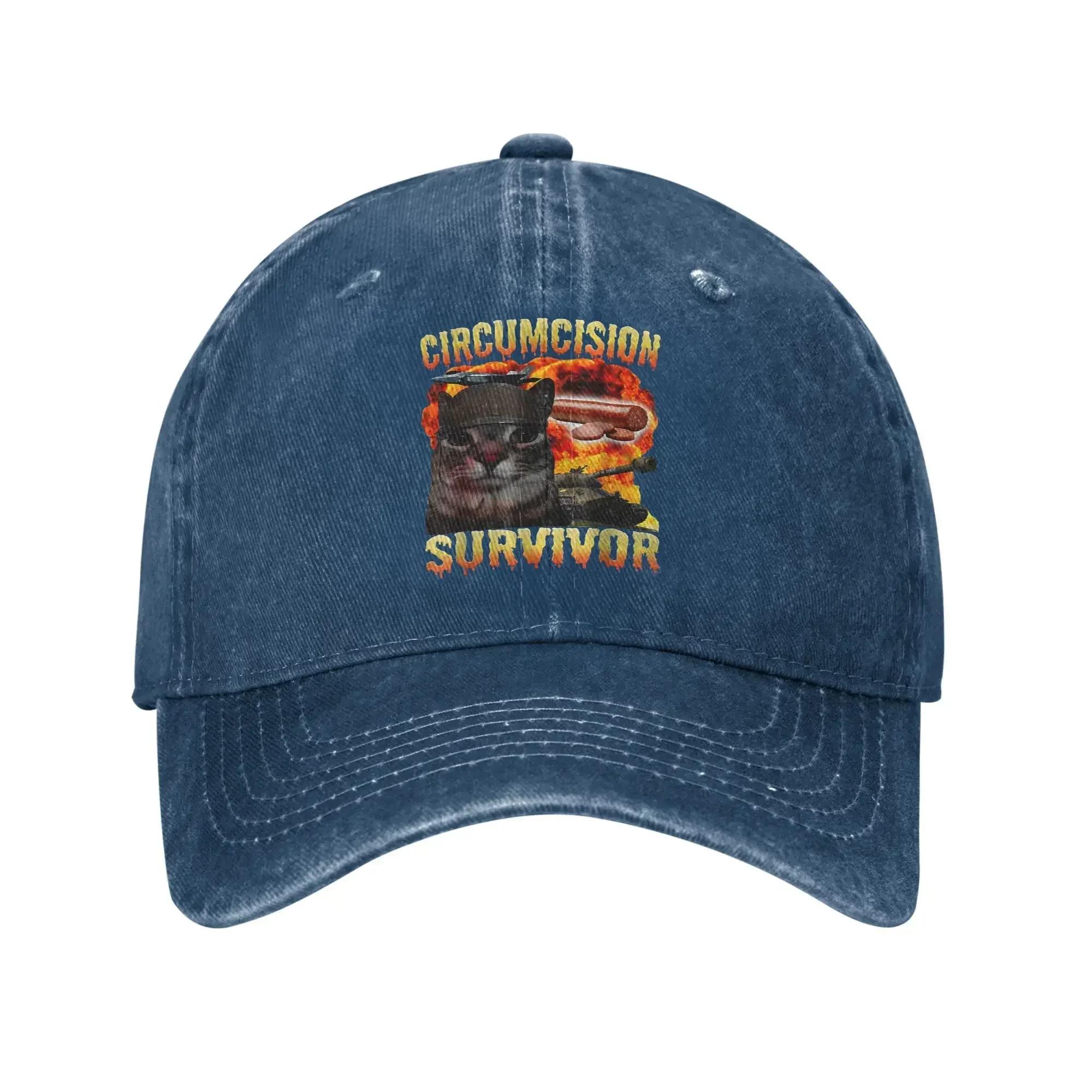 

Circumcision Survivor Funny Cat Meme Baseball Cap Sun Hunting Camping Adjustable Washed Trucker Hat Men Women Baseball Caps One Size