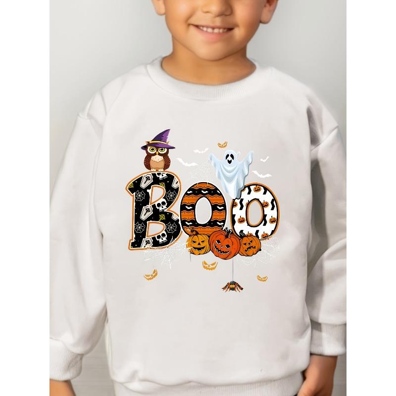 Boys' Halloween Boo Cat Casual Pullover Warm Sweatshirt for Outdoor and Everyday, Fun Designs, Comfortable Simple Autumn Winter