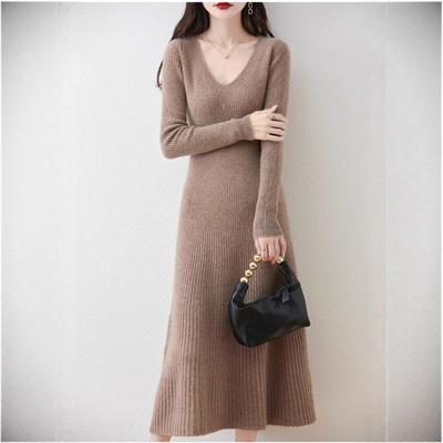 Autumn and Winter New V-neck Thin Medium and Long Knitted Dress Women's Solid Color Temperament Simple Inside with a Bottom Sweater Skirt