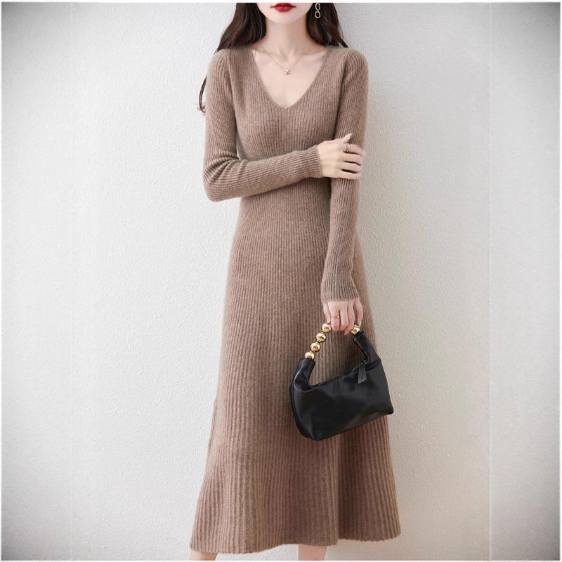Autumn and Winter New V-neck Thin Medium and Long Knitted Dress Women's Solid Color Temperament Simple Inside with a Bottom Sweater Skirt