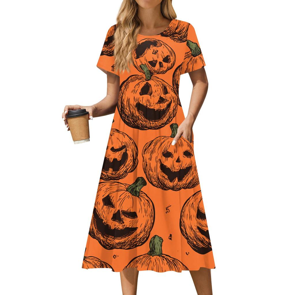 Women's Casual Fashion Halloween Printed Short Sleeve Round Neck Dress