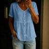 Women's Fashion V-Neck Button-Down Short-Sleeve -Color Casual Top