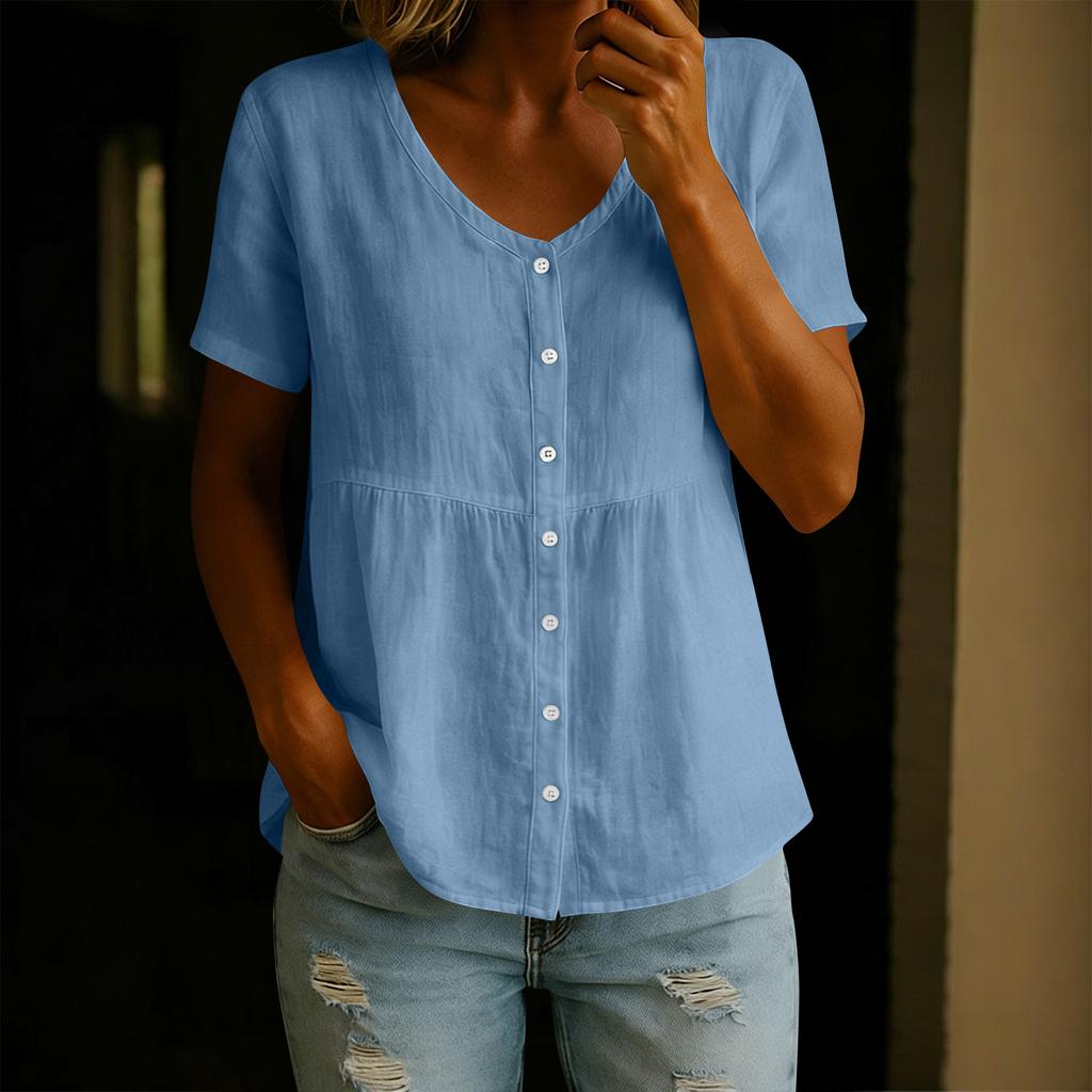 Women's Fashion V-Neck Button-Down Short-Sleeve -Color Casual Top