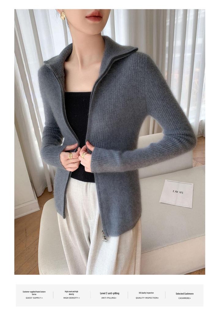 2025 Fall/Winter Women's Versatile Striped Cashmere Zipper Cardigan Sweater