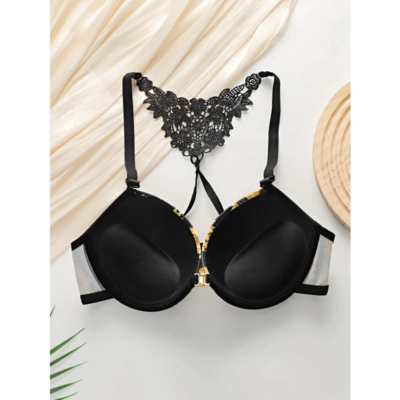 Damen sexy Dessous-Set mit Frontverschluss, Chrysanthemenmuster und Stahlbügel Push-Up-Unterwäsche-Set A3116